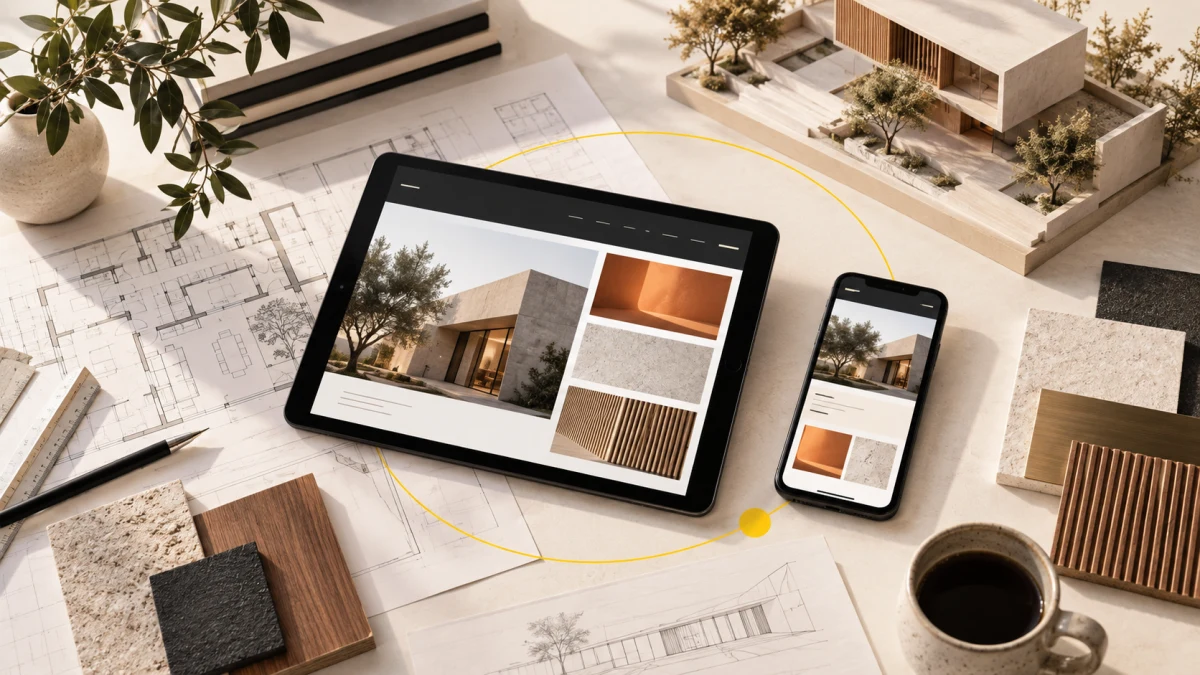 Architecture website design in Mysore visualised with plans, material samples and responsive screens