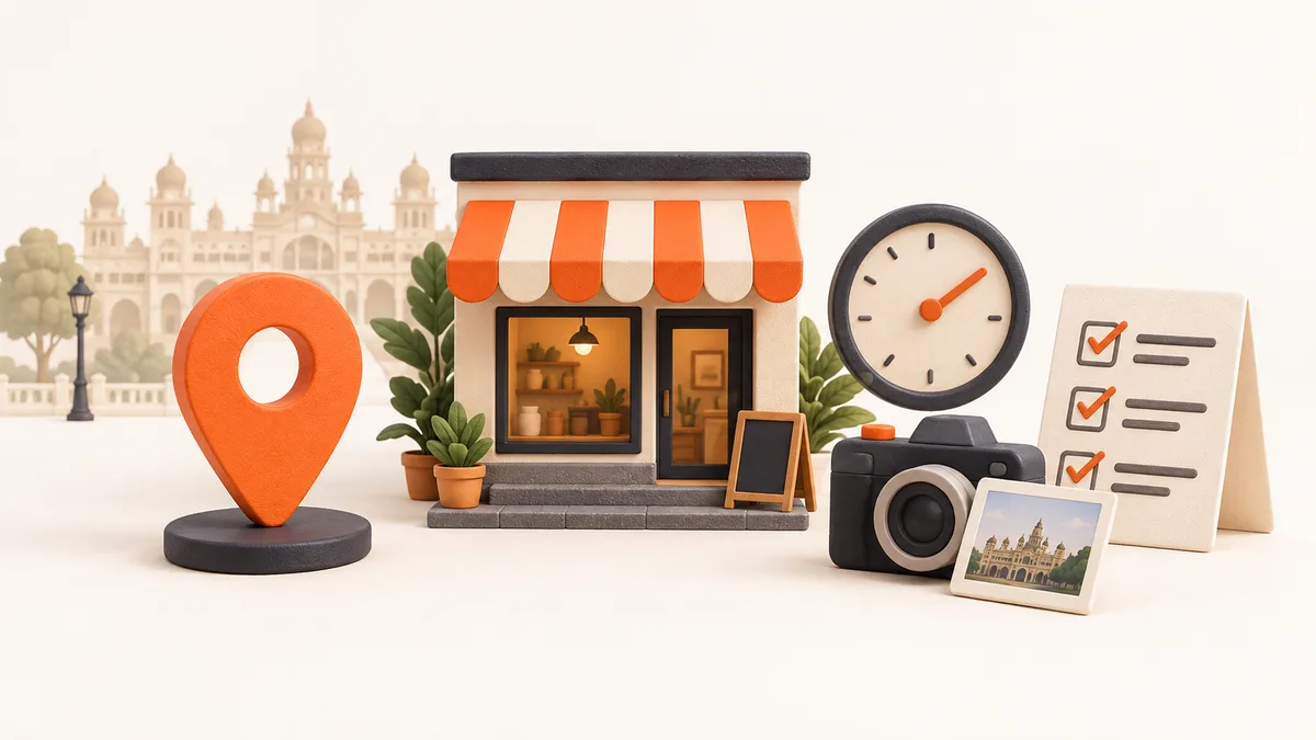 Google Business Profile Mysore illustration with a shop, location pin, clock, camera and accuracy checklist