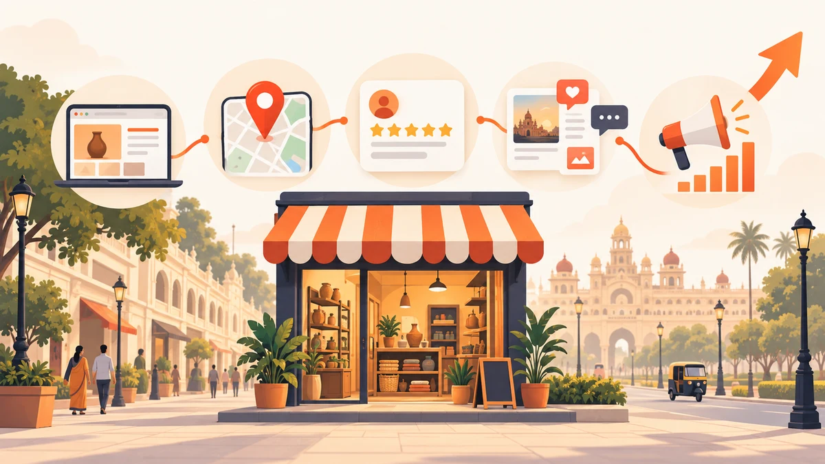 Mysuru storefront connected to website, local search, reviews, content and advertising to grow business online in Mysore