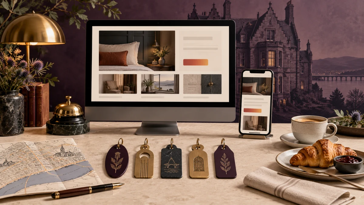 Hotel website design visualised through responsive room discovery and direct-booking journeys in Dundee