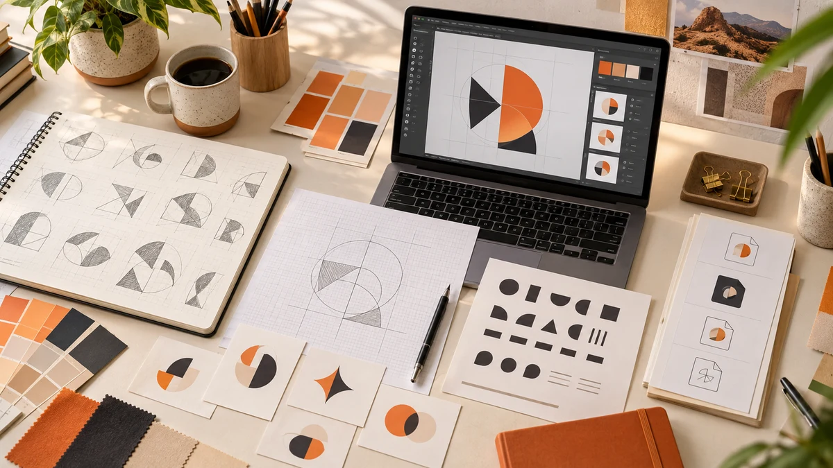 Logo design cost in India planning desk with sketches, colour swatches, vector artwork and brand identity deliverables