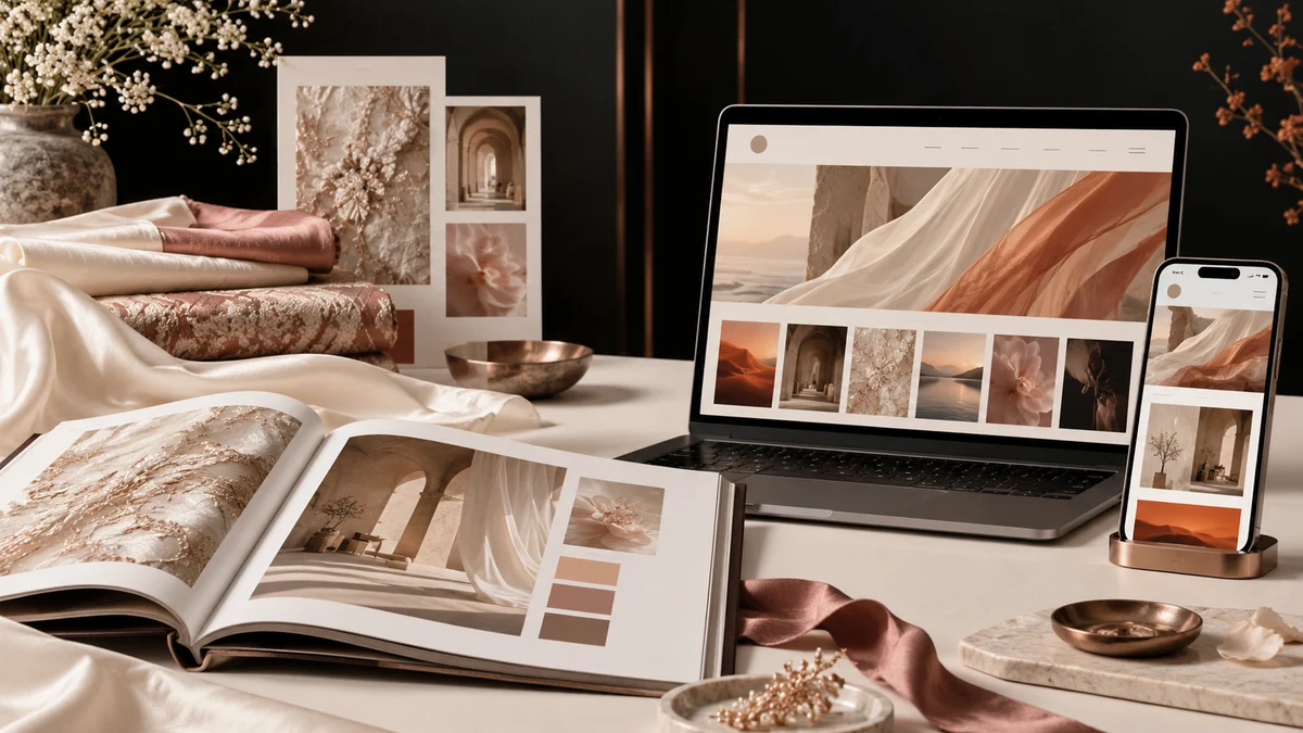 Luxury fashion website design visualised through textiles, an editorial magazine and responsive layouts