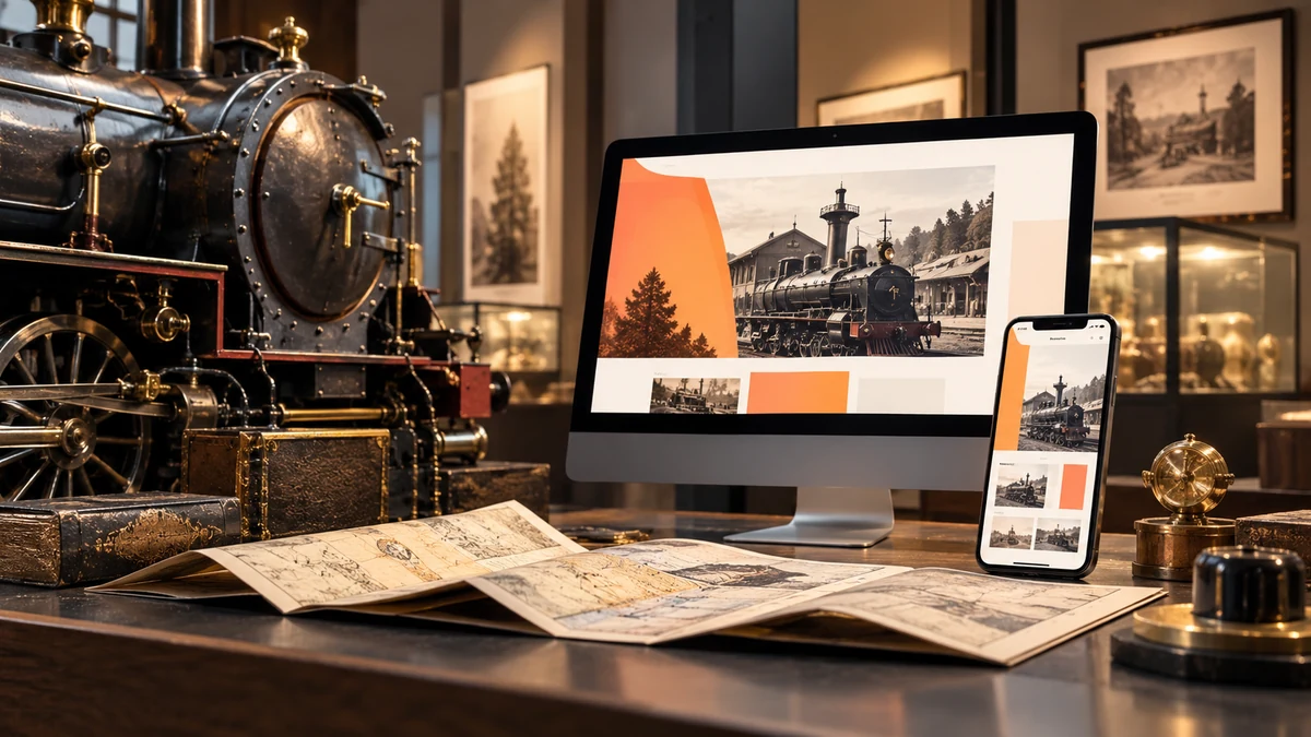 Museum website design in Mysore visualised with a heritage locomotive and responsive visitor screens