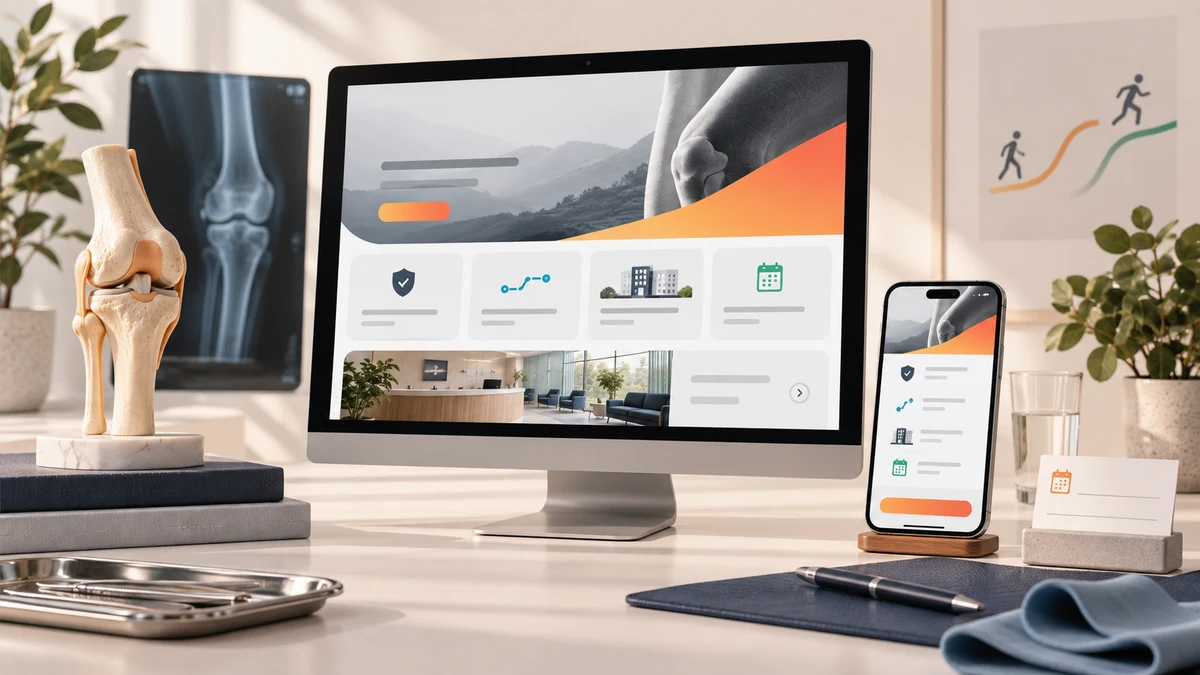 Orthopaedic clinic website design visualised across responsive desktop and mobile patient journeys