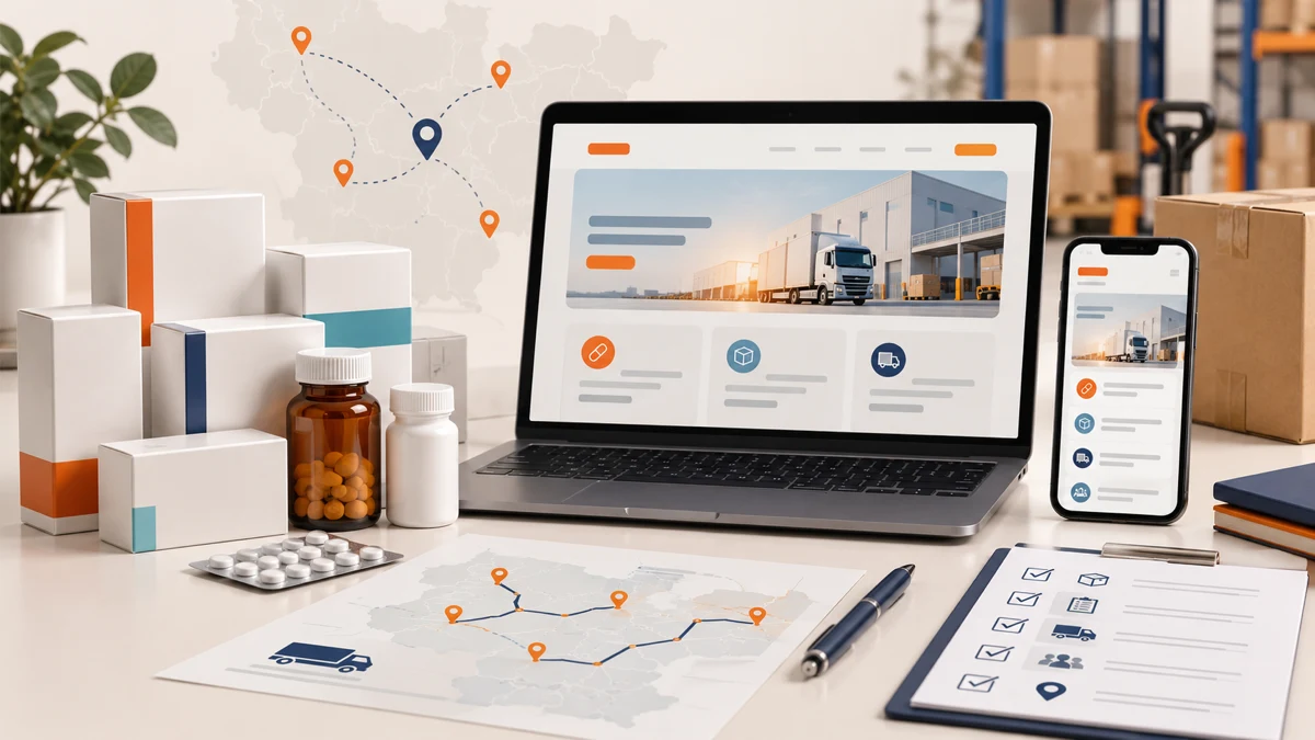 Pharmaceutical distributor website design shown across desktop and mobile with regional supply cues