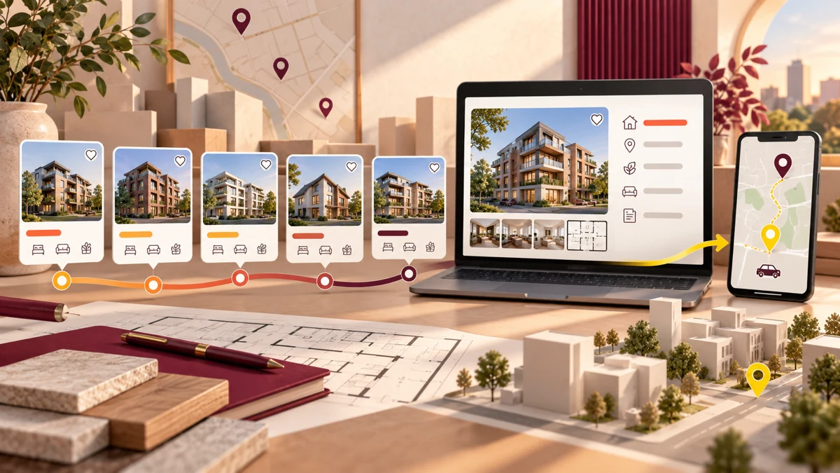 Real estate website design visualised as a Mysuru property comparison and site-visit journey