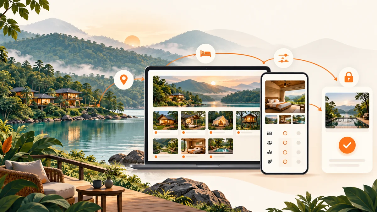 Resort website design journey from a Sakleshpur landscape to responsive room comparison and secure booking