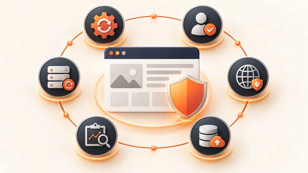 WordPress security checklist for a business website showing updates, access, HTTPS, monitoring, backups and recovery controls